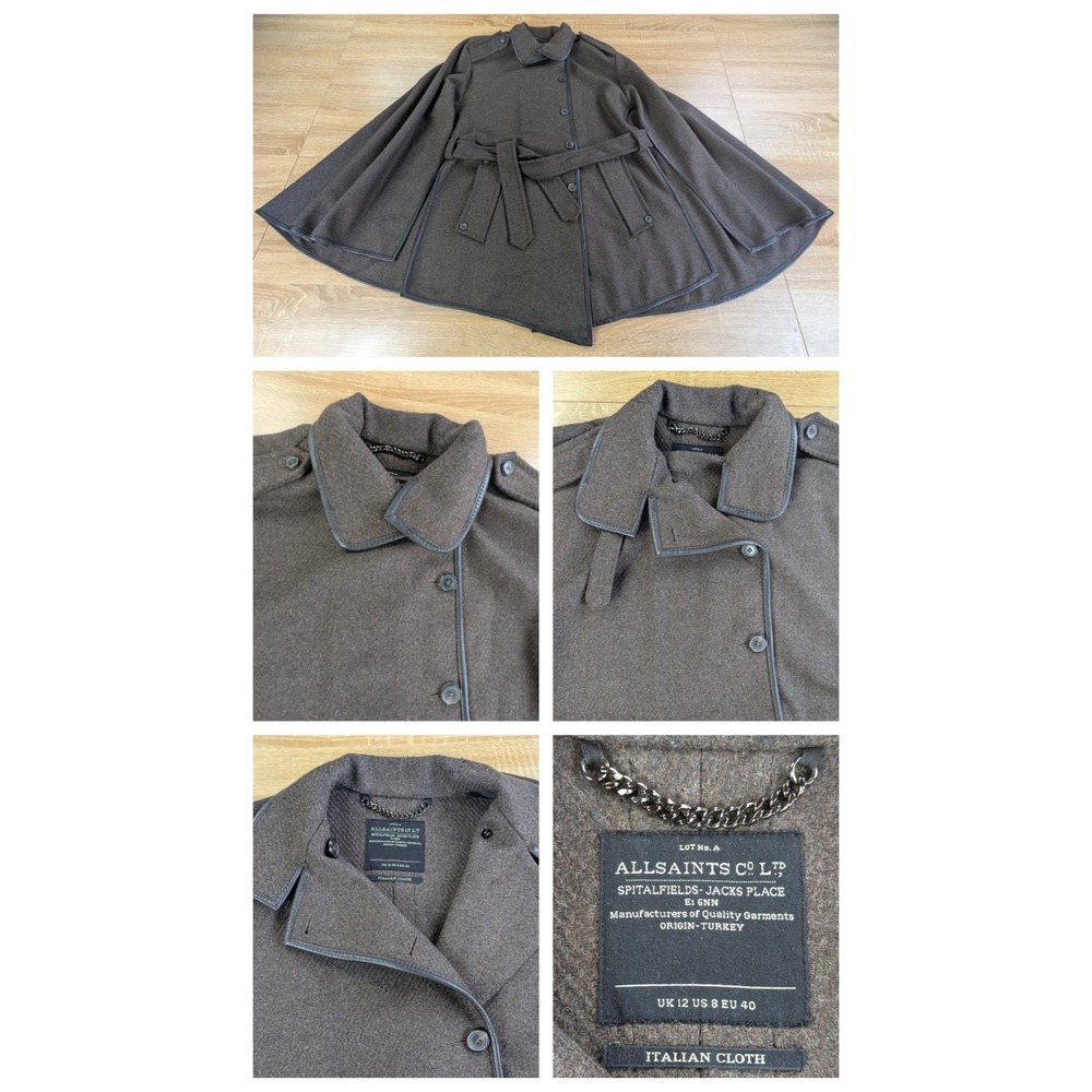 All Saints Spitalfields Italian Cloth Belted Sleeveless Trench Coat Cape US 8